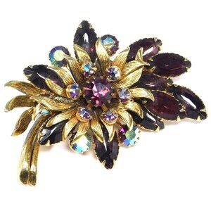 Vintage Signed SELINI Brooch Pin Layered Gold Leaf Garnet Marquise & AB Stones